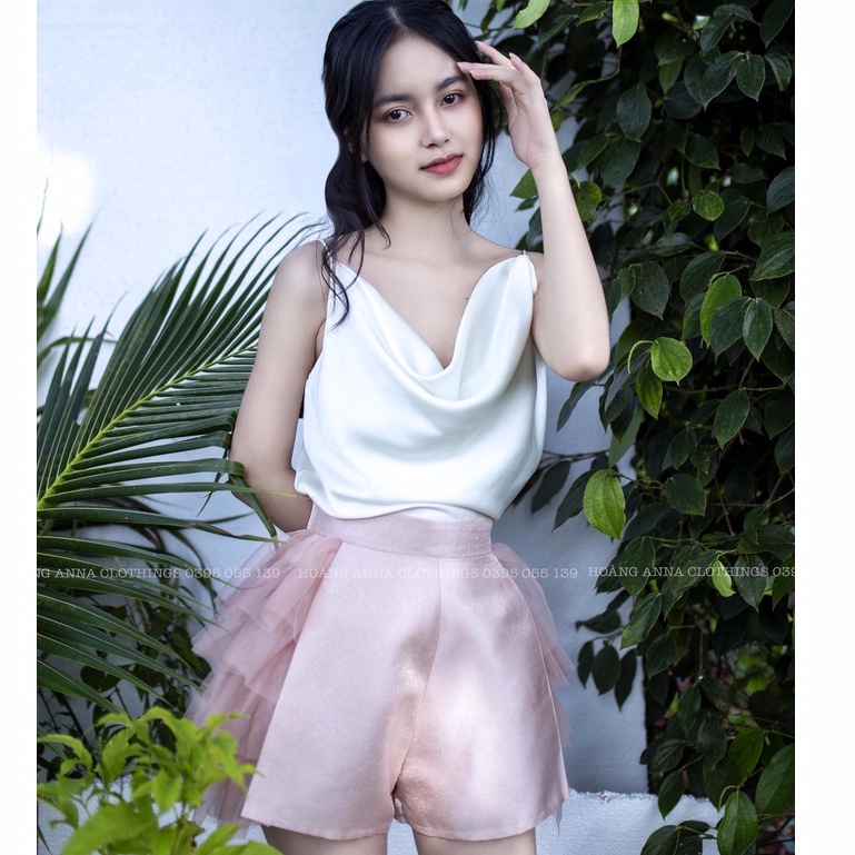 Quần short lưng cao xếp ly phối lưới tầng hai bên sườn phong cách Hàn Quốc M007