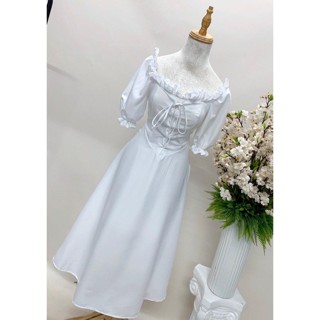 (HÌNH THẬT) Đầm Bèo Vai Mặc 2 Kiểu, Đan Dây Ngực (TRẮNG) | BigBuy360 - bigbuy360.vn