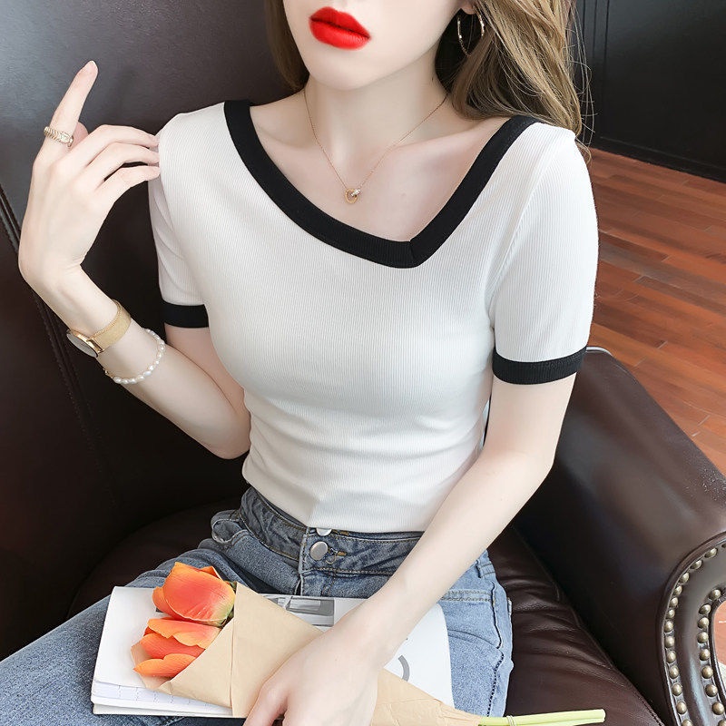 Áo Thun Tay Ngắn Dáng Ôm Màu Sắc Tương Phản Dễ Phối Đồ Phong Cách Phương Tây Thời Trang Cho Nữ