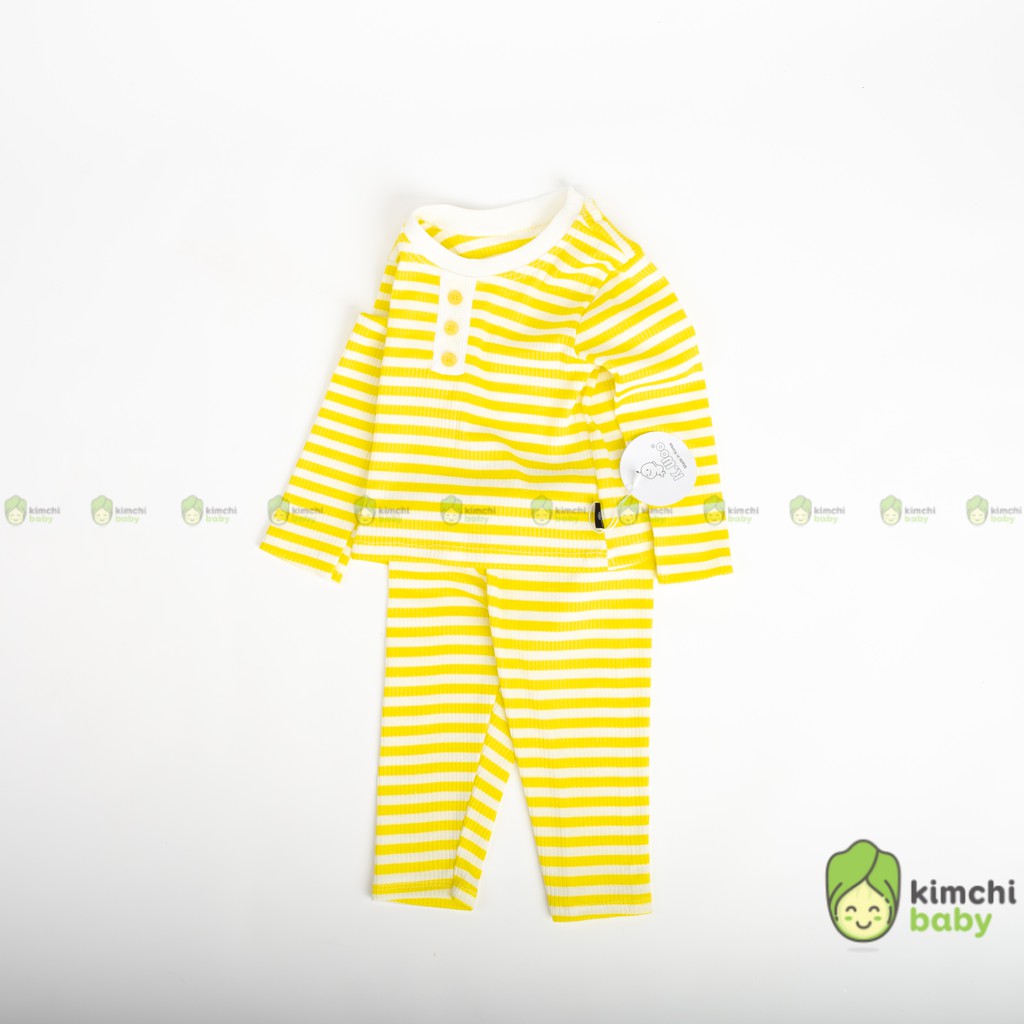 Đồ Bộ Bé Trai, Bé Gái KIMCHIBABY Vải Thun Gân Hoạ Tiết Sọc Ngang Cúc Cổ, Bộ Quần Áo Trẻ Em Thu Đông KWTD2105