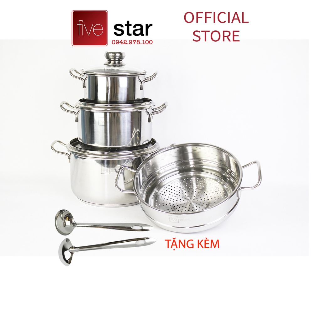 Bộ nồi xửng hấp 3 đáy inox 430 Fivestar Standard bếp từ nắp kính tặng 2 muỗng canh