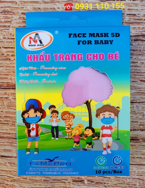 Hộp 10 khẩu trang 5D Hồng trẻ em Famapro Nam Anh