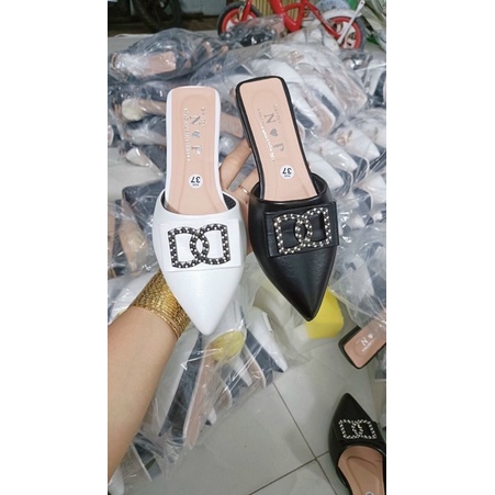Dép Sục Bệt Nữ Mũi Nhọn Đính Nơ Khoá Cao 3 Phân (ảnh chụp thật)