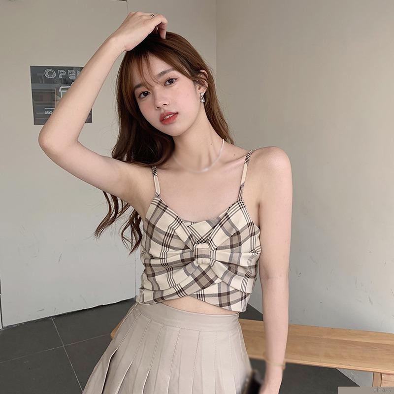 Áo croptop sát nách kẻ sọc caro đính nơ thời trang Hàn Quốc tùy chọn màu sắc dành cho nữ