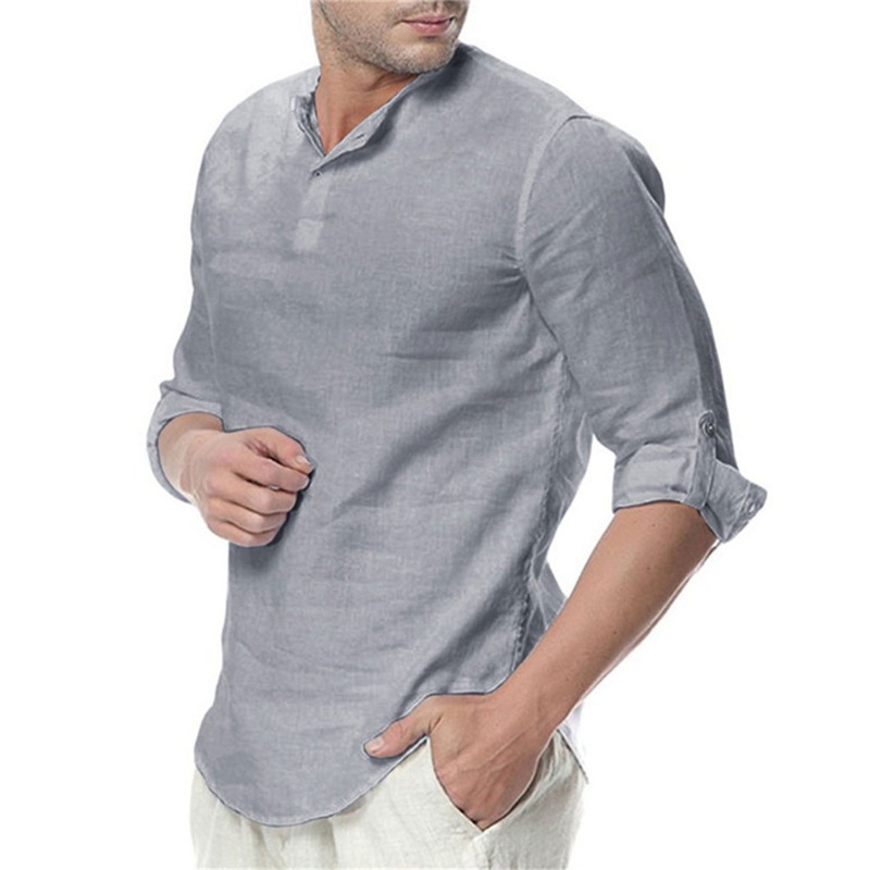Áo Sơ Mi Vải Lanh Cotton Trơn Cổ Đứng Dài Tay Phối Nút Dáng Rộng Thời Trang Nam