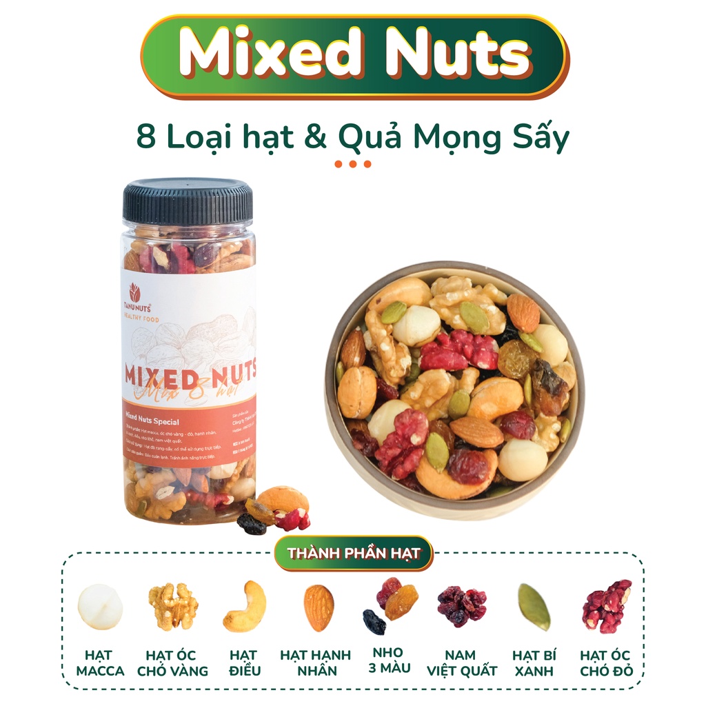 Hạt mix dinh dưỡng TANU NUTS granola mixed nuts 8 loại hạt điều, óc chó, hạnh nhân, macca, bí xanh, nho khô, việt quất