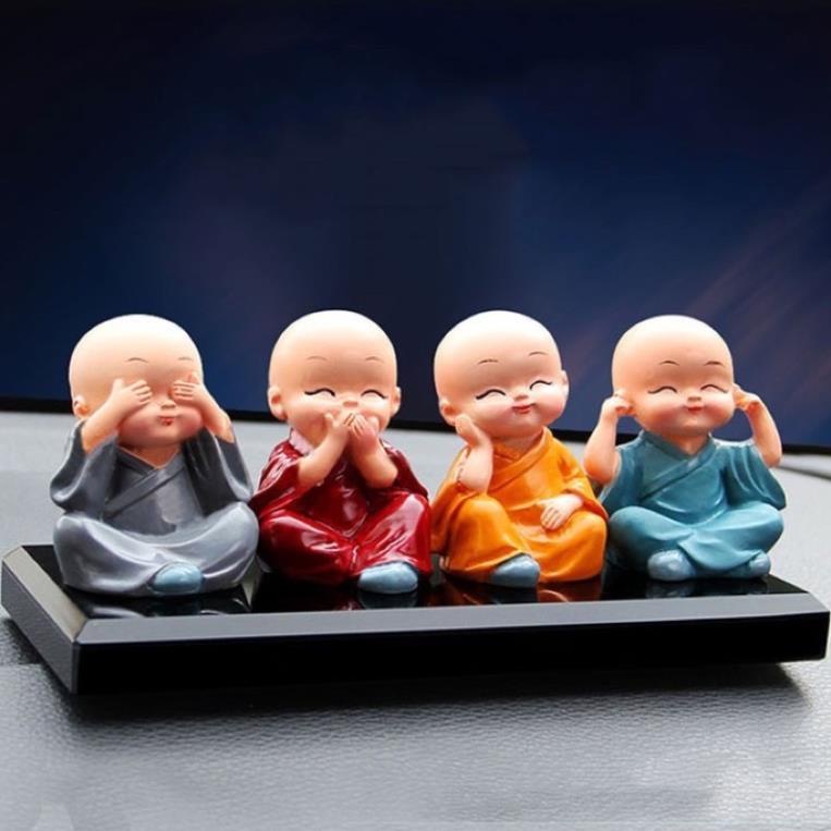 Bộ Tượng Chú Tiểu Hòa Thượng Tứ Không - Phật Phong Thủy Mini 4 Tư Thế, Trang Trí Xe Hơi, Để Bàn Làm Việc (SHOP Gấu Yêu)