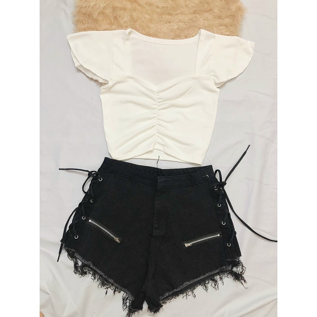 quần short kaki đan dây 2 bên dây kéo xinh cá tính hot hit ảnh thật