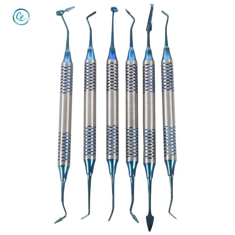 [Hàng mới về] Bộ 6 dụng cụ trám răng resin cầm tay dày đầu bọc titan màu xanh lam chuyên dụng