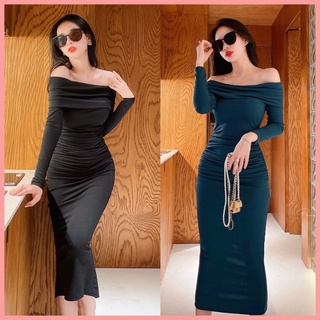 Váy body len tăm trễ vai dáng dài. Đầm ôm body trễ vai sang chảnh đi tiệc hình thật