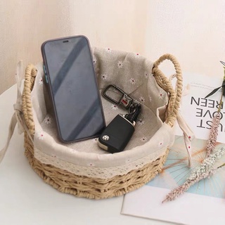 Giỏ mây lót vải đựng đồ, đi picnic, trang trí nhà cửa đẹp mắt, giỏ CÓ QUAI hình tròn vintage