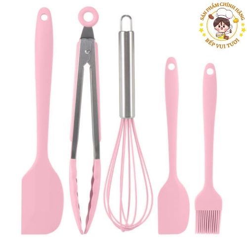 Bộ 5 món dụng cụ nhà bếp silicon, dụng cụ nấu ăn làm bánh hồng cán bạc chịu nhiệt cao