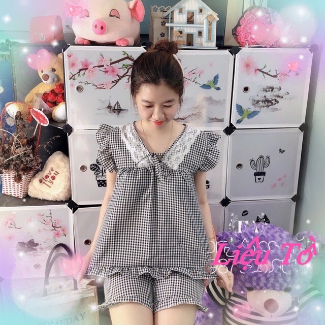 Bộ sát nách nữ💋💋FREESHIP💋 bộ đùi caro, cổ chữ v,vải lụa hàn, mặc nhà thoải mái, size dưới 55kg