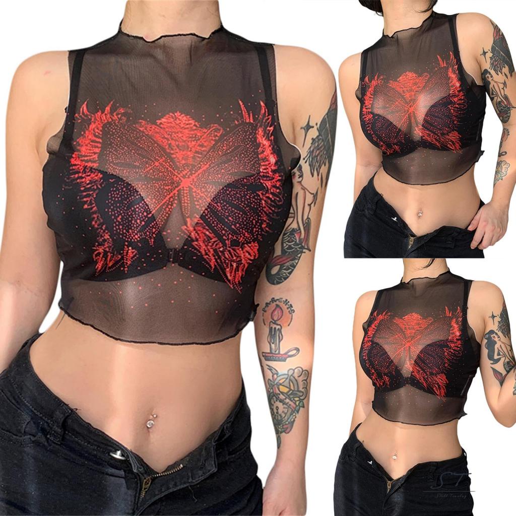 Áo Lưới Không Tay Cổ Tròn In Họa Tiết Bướm Vintage Dành Cho Nữ CY03-