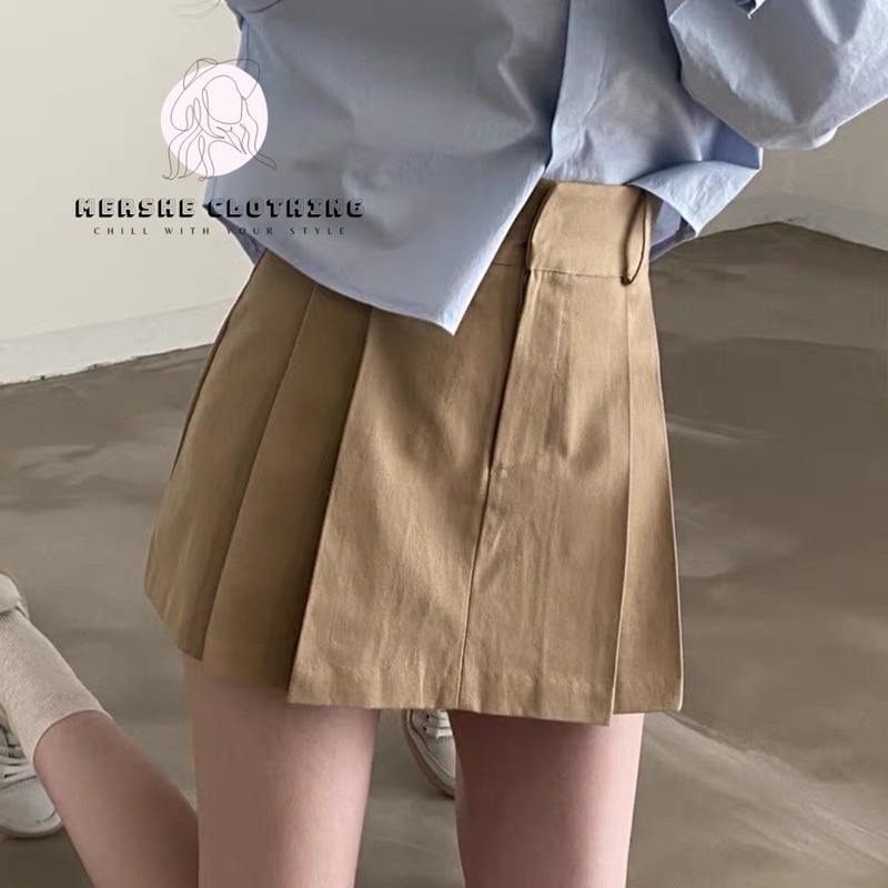MERSHE • Chân Váy Chữ A Ngắn Kaki Xếp Ly Dấu Khoá