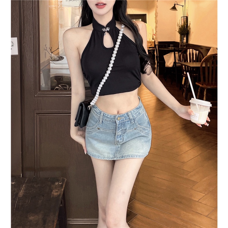 Kumikumi HUANG YOYO Chân váy jean Ngắn Lưng Cao Phong Cách retro Mỹ Thời Trang Mùa Hè 2023 Dành Cho Bạn Nữ