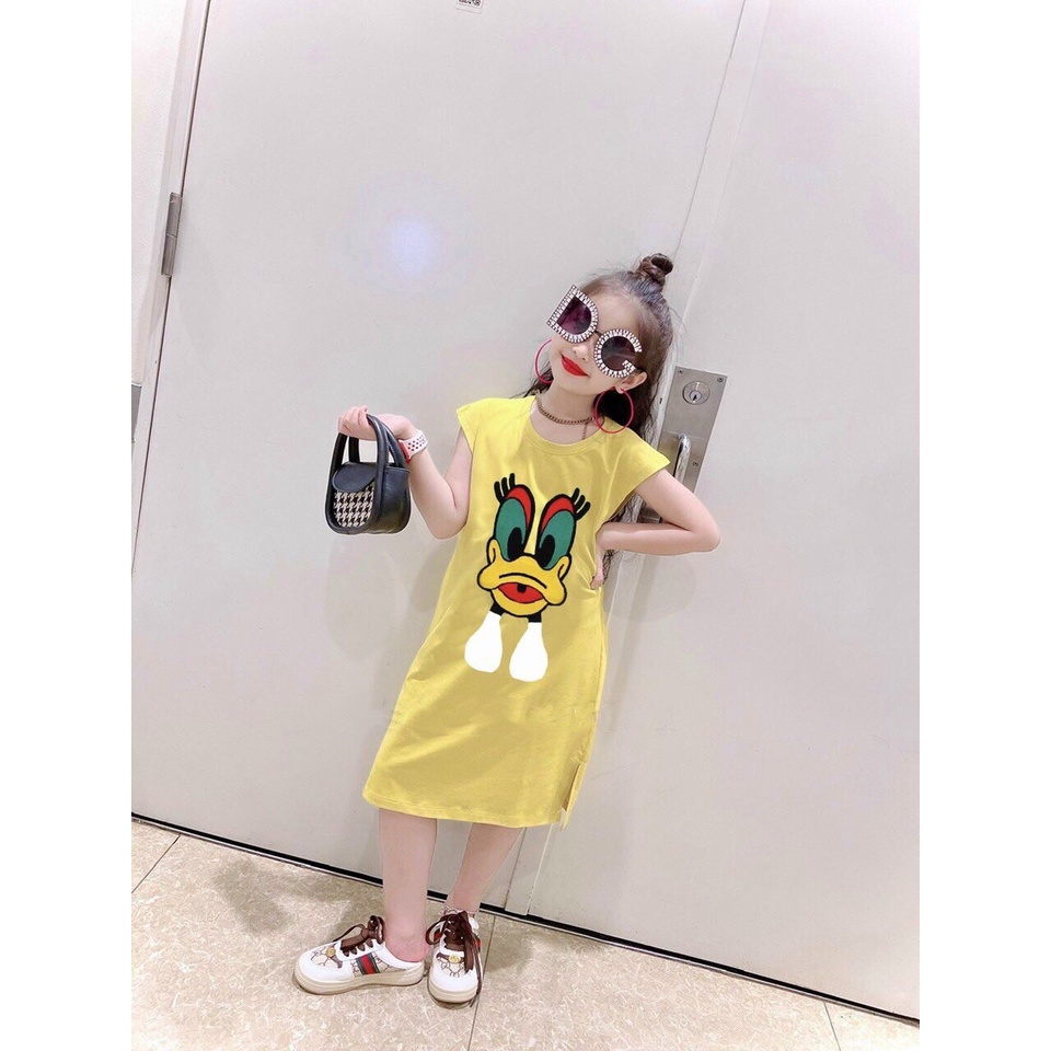 Đầm suông xẻ tà hình vịt SUN KID'S, Váy bé gái cute chất cotton size nhí cho bé từ 7 đến 18 kg