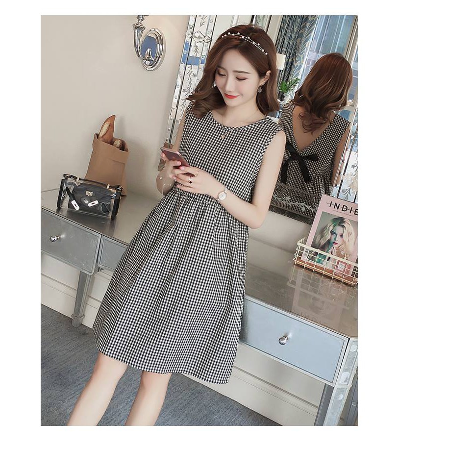 Đầm bầu công sở Váy bầu đẹp Kẻ Caro Đen Sát Nách Nơ Sau MYC 1240