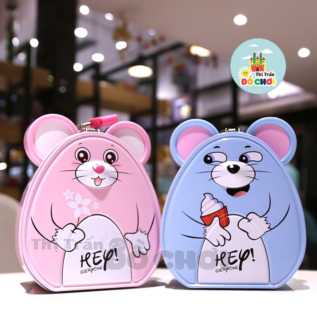 Két sắt mini cho bé hình chú chuột dễ thương có ổ khóa màu hồng, xanh, xám - S237
