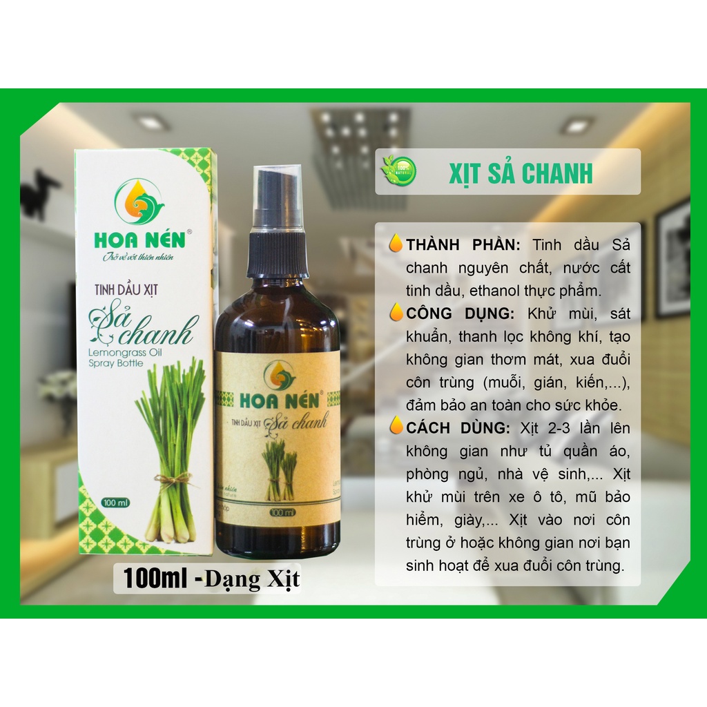 Tinh dầu sả chanh Hoa Nén xịt phòng 100ml_ Khử mùi, khuẩn, đuỗi côn trùng hiệu quả, an toàn [Có kiểm định].