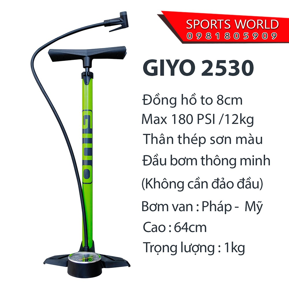 Bơm xe đạp 2530 GIYO 180PSI/12KG, thân thép, đầu bơm thông minh