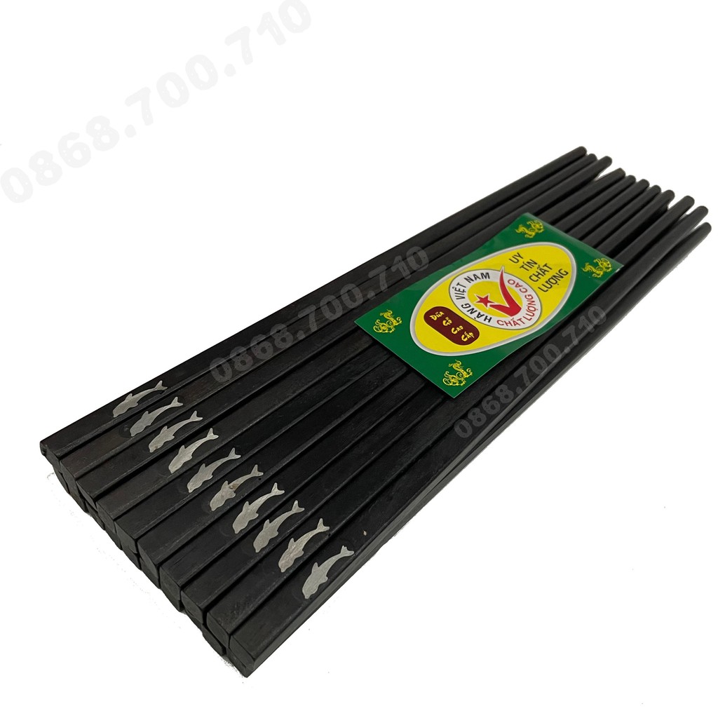Đũa ăn gỗ Mun đầu vuông gắn họa tiết cá heo - 10 đôi