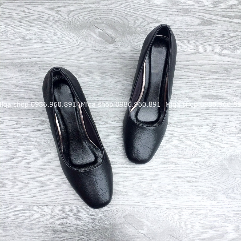 ( Form rộng 1 size ) Giày cao gót trơn đế vuông - Giày cao gót công sở mũi vuông da sần 5cm,7cm