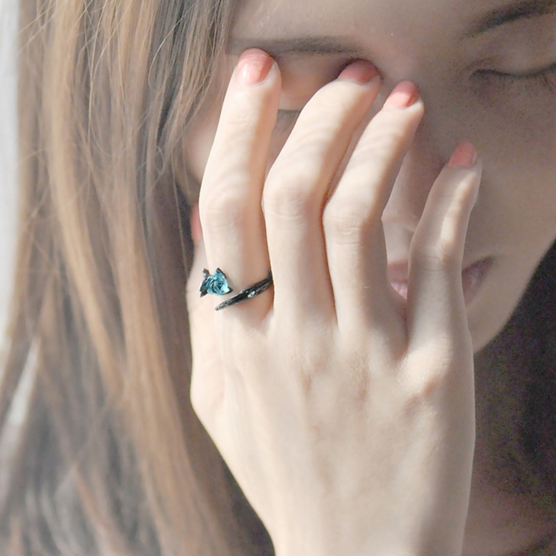 Set 2 Nhẫn Có Thể Điều Chỉnh Hình Hoa Hồng Xanh Phong Cách Gothic Dành Cho Cặp Đôi