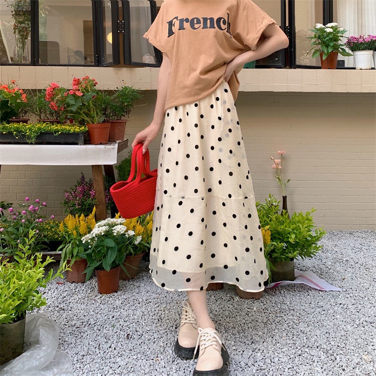 Chân Váy Dài Lưng Cao Dáng Rộng Họa Tiết Chấm Bi Thời Trang Mùa Hè Hàng Mới