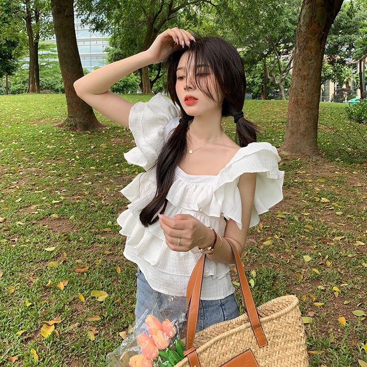 Jiashucheng Áo Sơ Mi Ngắn Cổ Vuông Tay Bèo Ngọt Ngào Đơn Giản Thời Trang Mùa Hè 2023 Phong Cách Mới