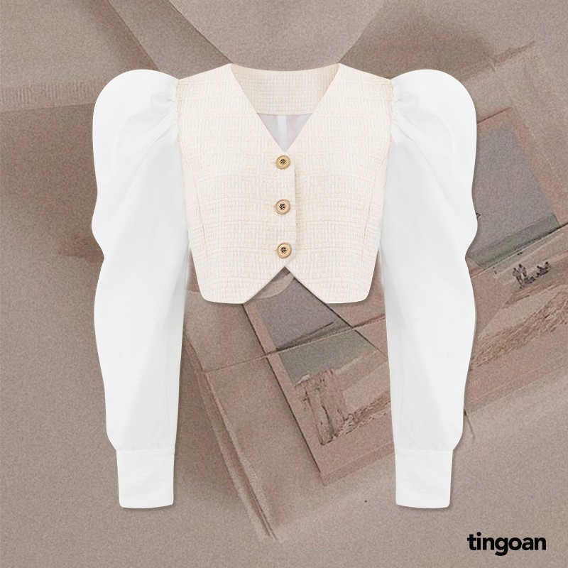 Áo tweed croptop dài tay phối ozganza trắng vai bồng nude tingoan IN PARIS TWEED TOP/WH