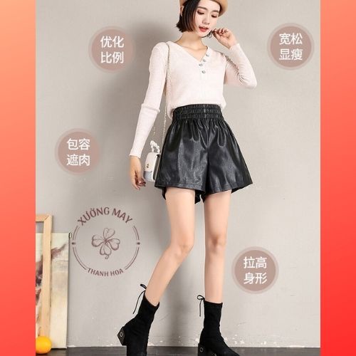 Quần short da cạp chun dáng xòe quần đùi trơn nữ phồng cao cấp 2 màu đen. cafe