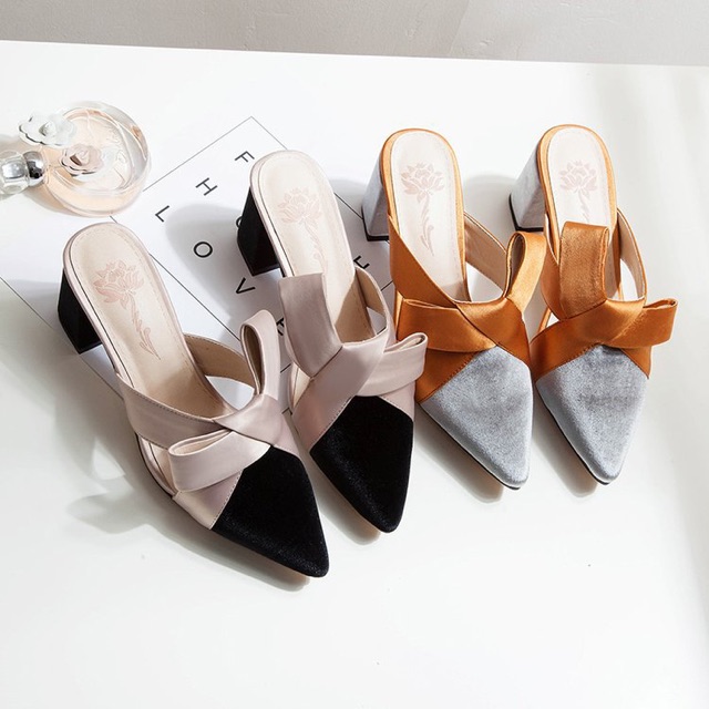 Giày sục cao gót công sở ❤FREESHIP❤quai lụa mũi nhung hoạ tiết in chìm