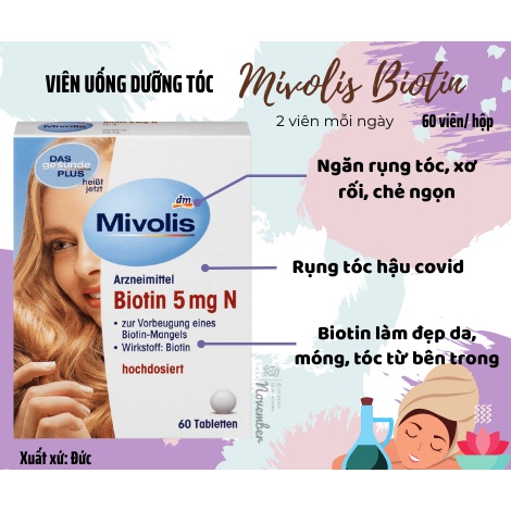 Viên uống mọc tóc Mivolis Biotin 5mg - 60 viên | Ngăn gãy rụng tóc, hói đầu, chẻ ngọn, hỗ trợ đẹp da, mụn trứng cá