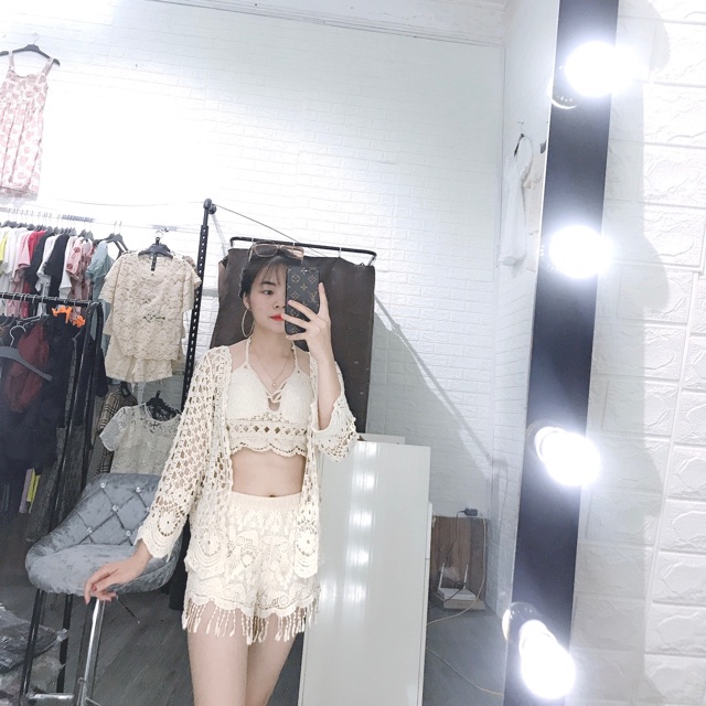 Set biển mới - set 3 món - bra sóng + quần ren hoa tua rua điệu + choàng tay lượn sóng (có tách rời)