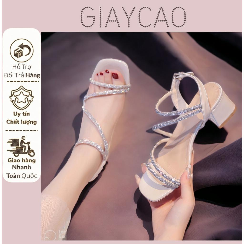 Giày sandal gót vuông phối dây đá cao 5cm