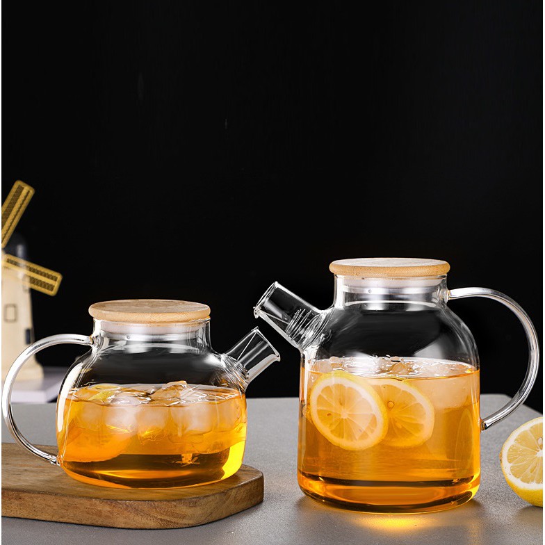 Bình detox, ấm trà thủy tinh cao cấp, kiểu dáng hiện đại, nắp gỗ và nắp inox Dung tích 1000 ml