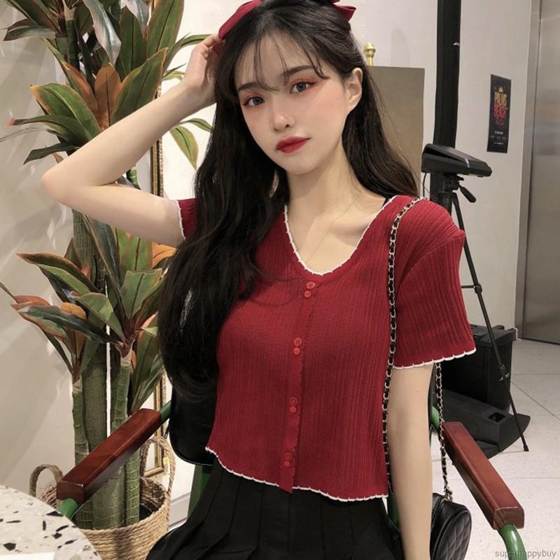 Áo dệt kim dành cho nữ ngắn tay phong cách Hàn Quốc