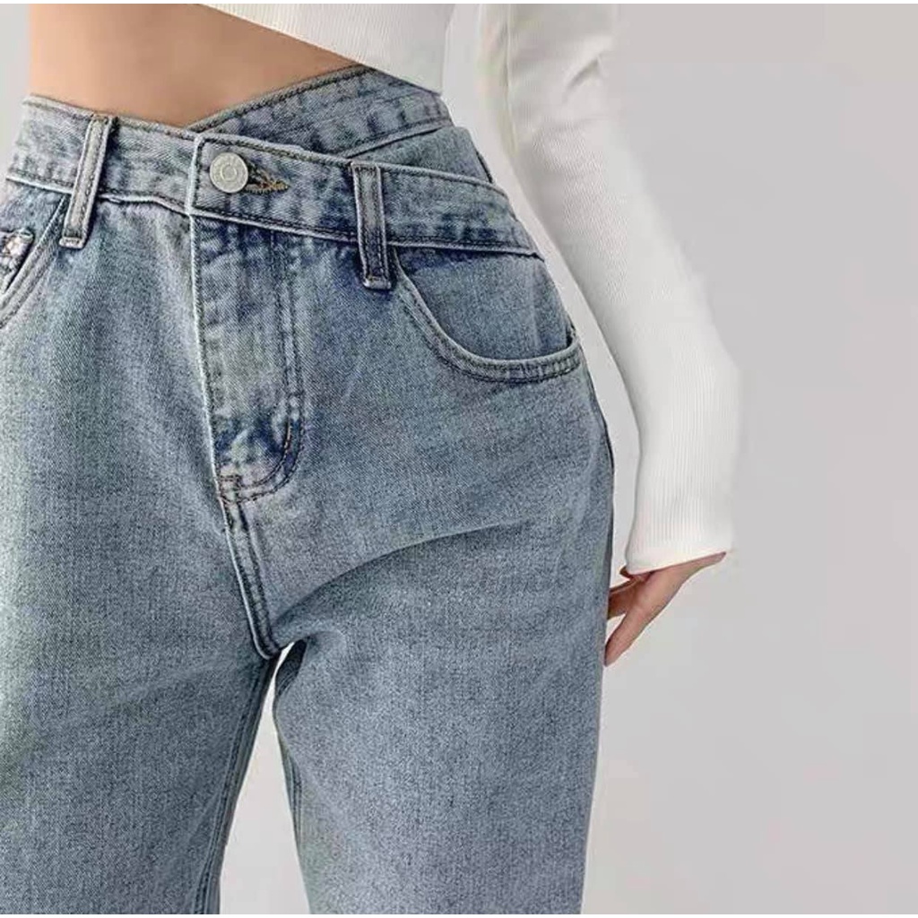 Quần jeans, quần jean nữ ống rộng Miễn ship Cạp chéo, đủ size Sml quần jean ống suông lưng cao hack dáng