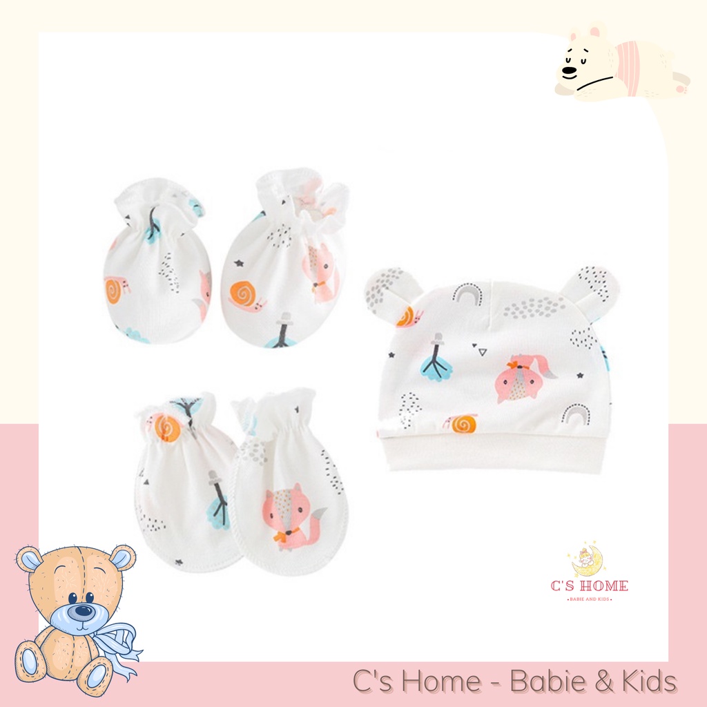 Set mũ + bao tay + bao chân cao cấp cho bé sơ sinh từ 0 - 6 tháng
