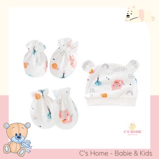 Bộ bao tay và bao chân kèm mũ vải cotton cho bé sơ sinh từ 0 - 3 tháng, bộ 3 món đồ nhiều họa tiết xinh yêu