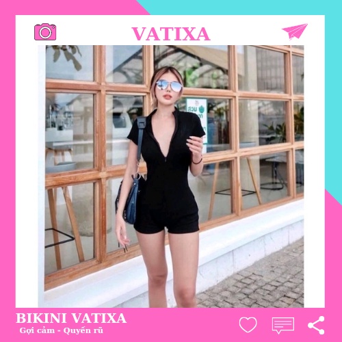 Đồ bơi nữ bikini đi biển có tay khóa kéo màu đen form shost sành điệu kín đáo VATIXA BKN85