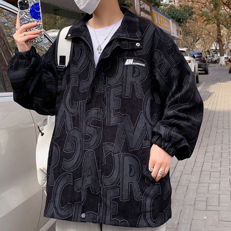 Áo Khoác Nhung Kẻ Dáng Rộng Phối Khóa Kéo In Chữ Thời Trang Mùa Thu Cho Nam Giới