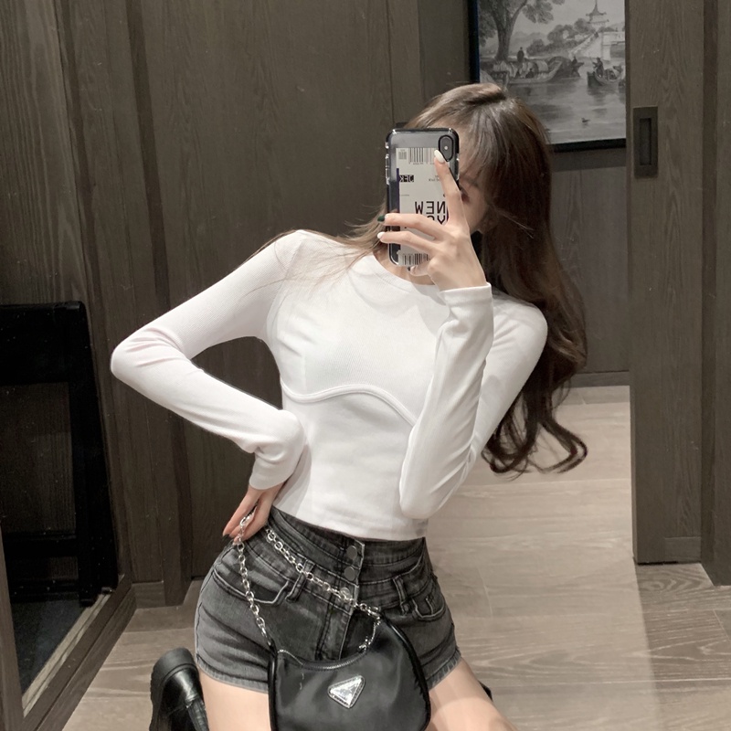 Áo Thun crop top Tay Dài Ôm Ngực Phong Cách Âu Mỹ Mẫu Mới 2021 Thời Trang Cho Nữ