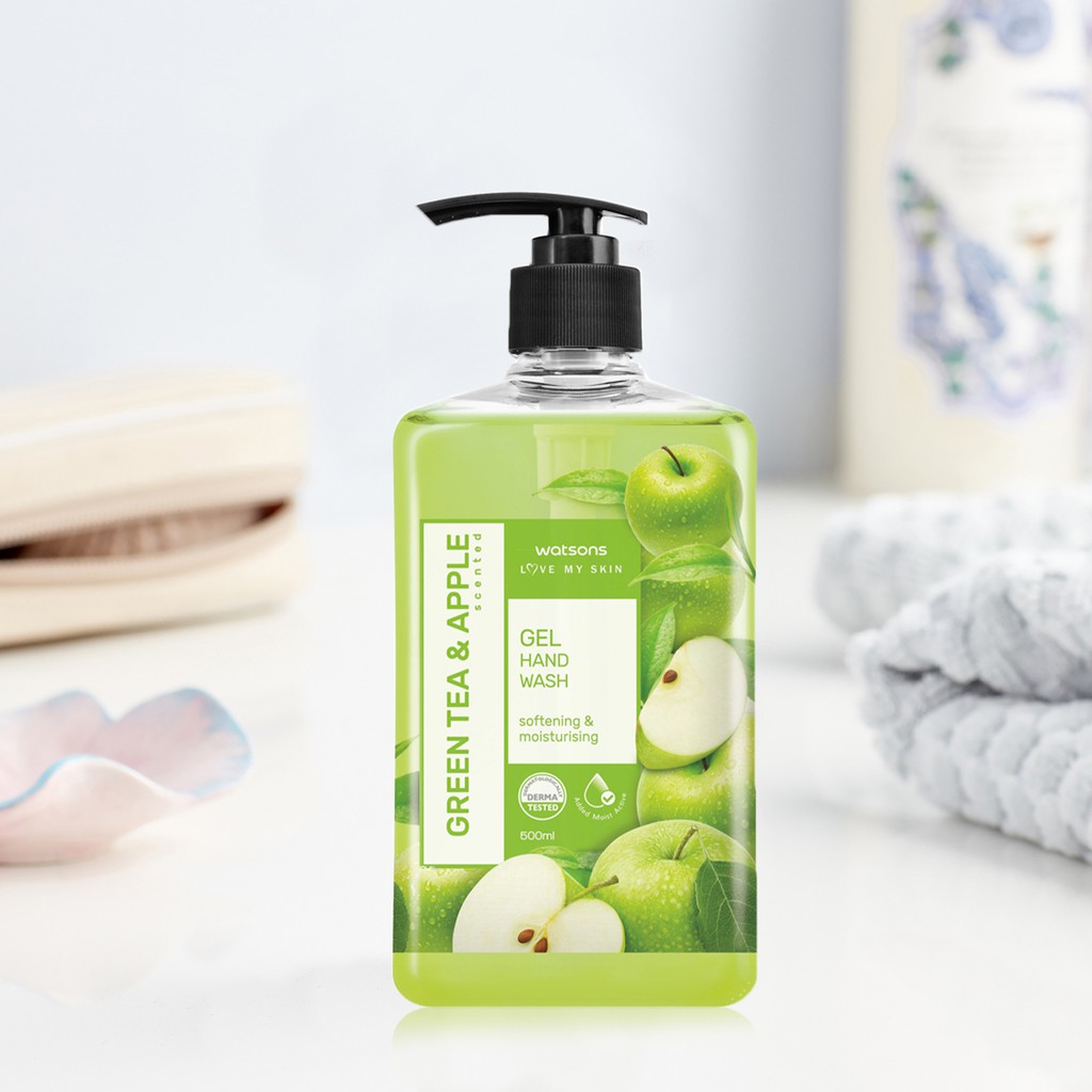 Gel Rửa Tay Watsons Love My Skin GreenTea &amp; Apple Scented Gel Hand Soap Trà Xanh Và Táo 500ml