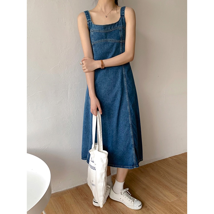 Yếm jeans dáng dài Thucucstore Đầm jeans midi hai dây phong cách Hàn Quốc hàng chuẩn Y01