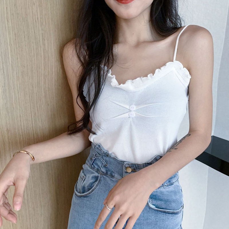 Brroa Áo Croptop Dệt Kim Sát Nách Màu Trơn Cài Nút Trước Viền Diềm Xếp Nếp Phong Cách Hàn Quốc Cho Nữ