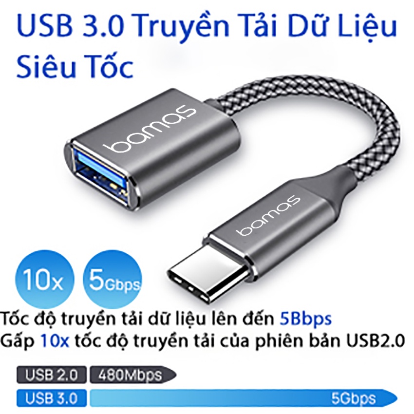 Cáp Chuyển Đổi Type C Sang Usb 3.0 BAMAS BC022 - Cáp OTG Type C Tương Thích Với Các Thiết Bị Có Cổng Type C