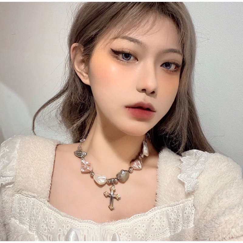 Dây Chuyền Ngọc Kết Hợp Mặt Chữ Thập Thép Titan Không Gỉ Cá Tính Hiphop - Vòng Cổ Thánh Giá Unisex Phong Cách Mới