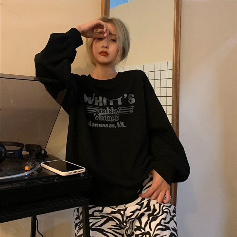 SUXI Áo Sweater Tay Dài Dáng Rộng Màu Sắc Đơn Giản In Chữ Phong Cách Hàn Quốc